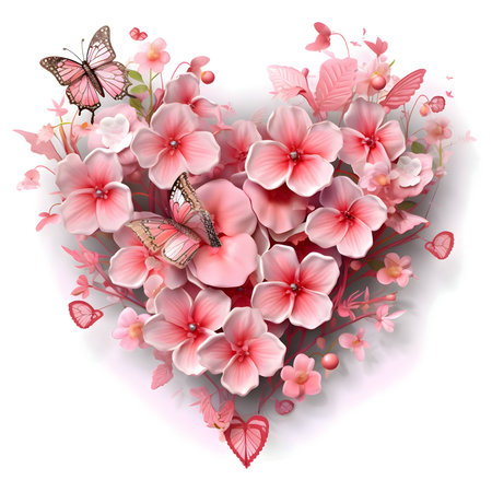 A heart-shaped arrangement of pink flowers and butterflies, symbolizing love and beauty, on a pristine white background.のイラスト素材