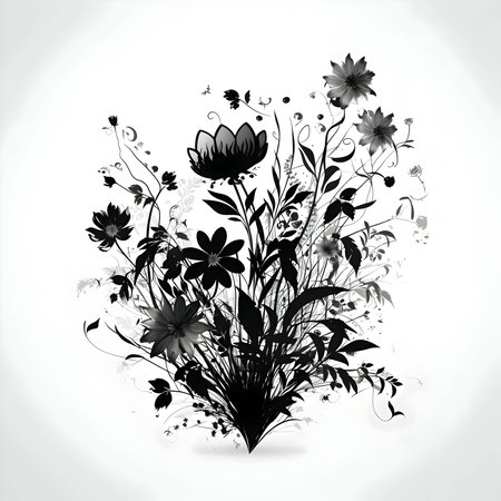 Vector illustration of flowers in black silhouette against a clean white background, capturing graceful forms.のイラスト素材