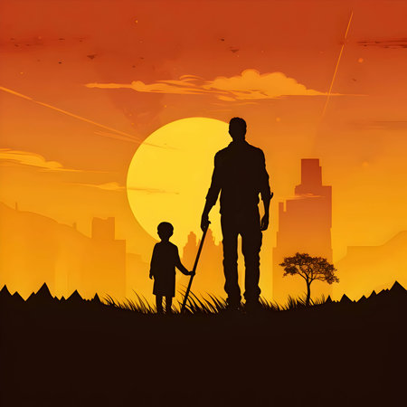 Vector illustration of man and boy in black silhouette against a clean sunset background, capturing graceful forms.のイラスト素材