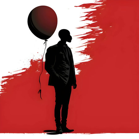 Vector illustration of a man with a balloon in black silhouette against a clean red background, capturing graceful forms.のイラスト素材