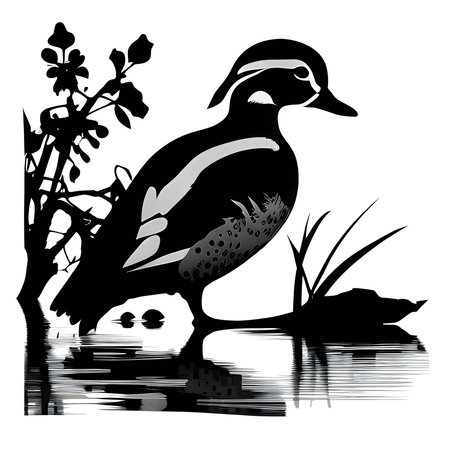 Vector illustration of a duck in black silhouette against a clean white background, capturing graceful forms.のイラスト素材