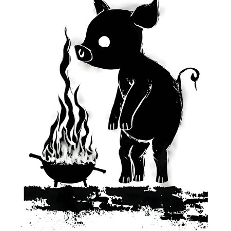 Vector illustration of a pig and bonfire in black silhouette against a clean white background, capturing graceful forms.のイラスト素材