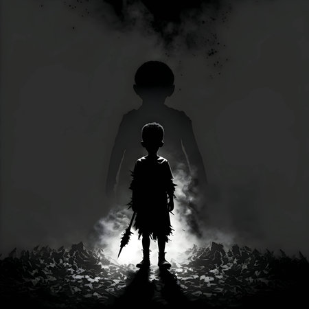 Vector illustration of a lonely boy in black silhouette against a clean dark background, capturing graceful forms.のイラスト素材