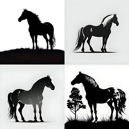 Vector illustration of horses in black silhouette against a clean white background, capturing graceful forms.のイラスト素材