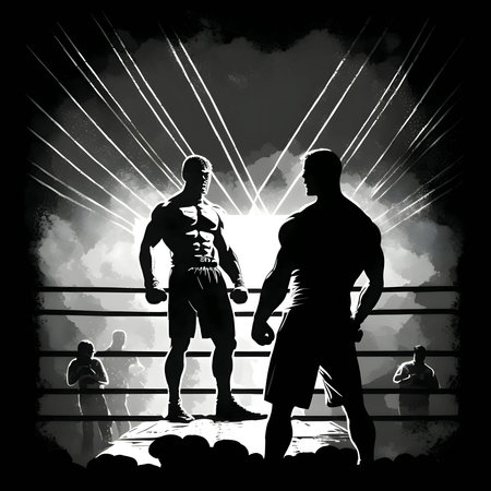 Vector illustration of boxers in the ring in black silhouette against a clean white background, capturing graceful forms.のイラスト素材