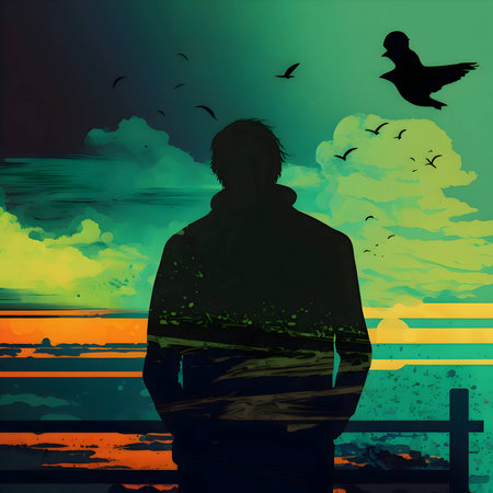 Vector illustration of a men in black silhouette against a colorful background, capturing graceful forms.のイラスト素材