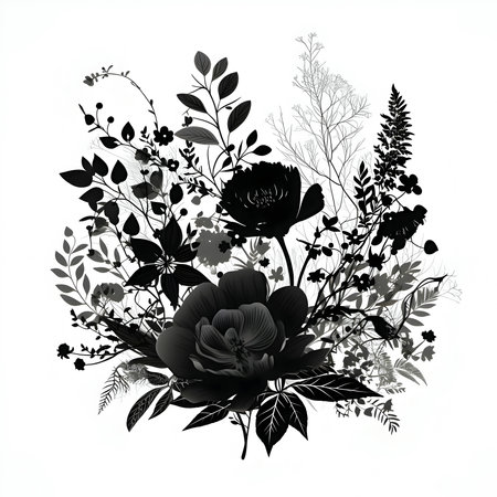 Vector illustration of flowers in black silhouette against a clean white background, capturing graceful forms.のイラスト素材