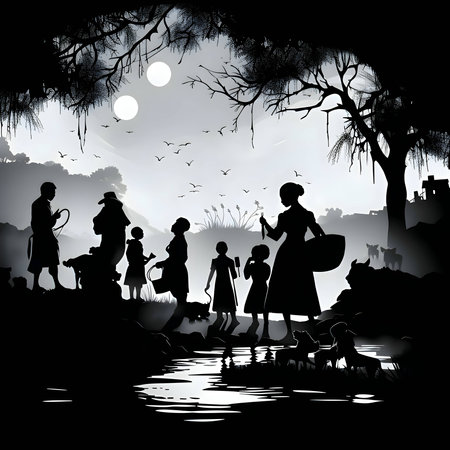 Vector illustration of many people in black silhouette against a clean white background, capturing graceful forms.のイラスト素材