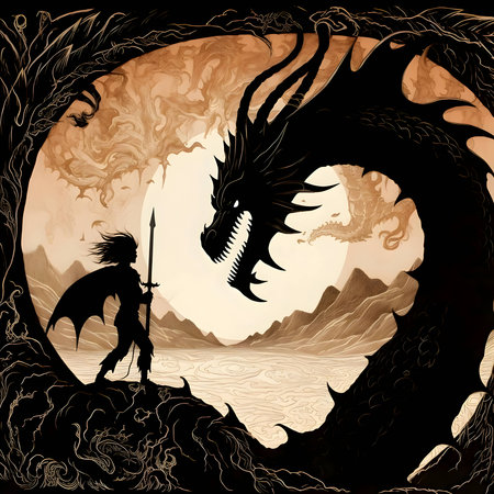 Vector illustration of a warrior and dragon in black silhouette against a clean light background, capturing graceful forms.のイラスト素材