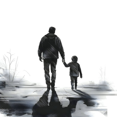 Vector illustration of father with son in black silhouette against a clean white background, capturing graceful forms.のイラスト素材