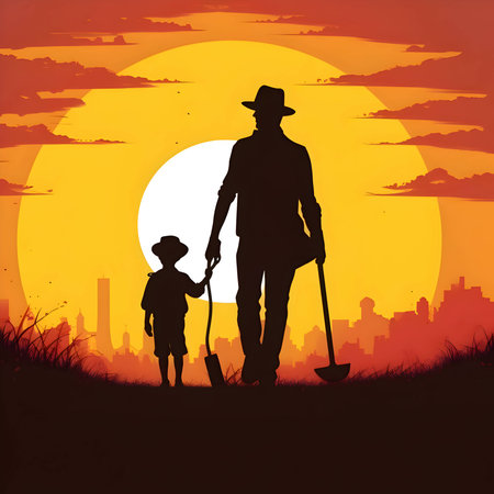 Vector illustration of man and boy in black silhouette against a clean sunset background, capturing graceful forms.のイラスト素材