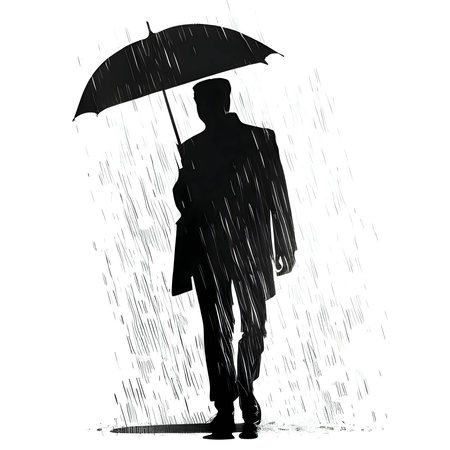 Vector illustration of a man with an umbrella in the rain in black silhouette against a clean white background, capturing graceful forms.のイラスト素材