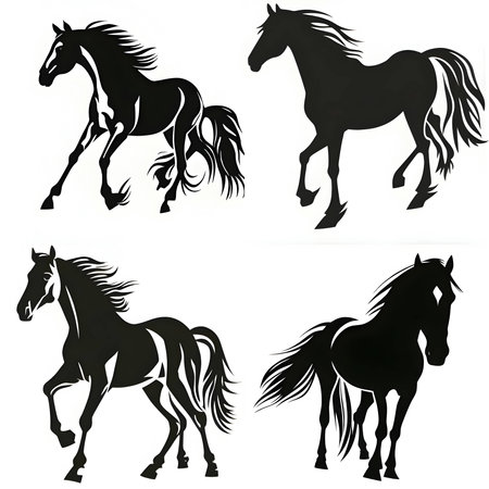 Vector illustration of horses in black silhouette against a clean white background, capturing graceful forms.のイラスト素材