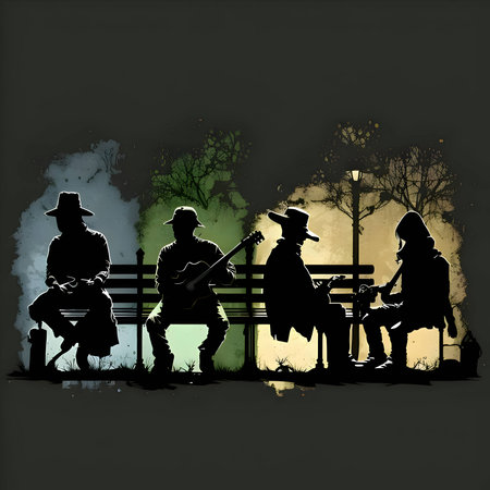 Vector illustration of men with guitars in black silhouette against colorful background, capturing graceful forms.のイラスト素材