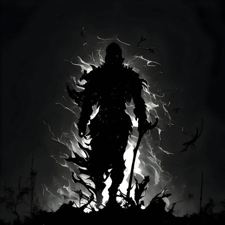Vector illustration of a warrior in black silhouette against a clean dark background, capturing graceful forms.のイラスト素材