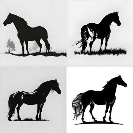Vector illustration of horses in black silhouette against a clean white background, capturing graceful forms.のイラスト素材