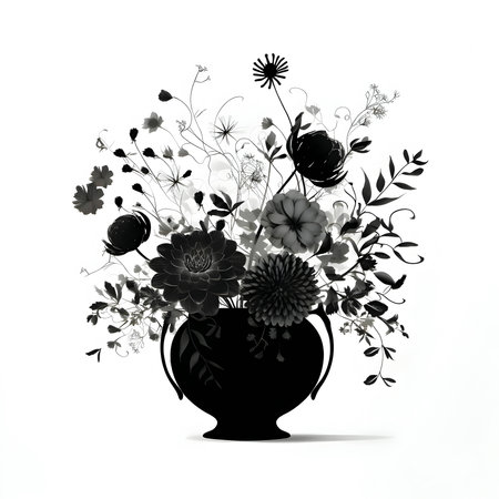 Vector illustration of flowers in a vase in black silhouette against a clean white background, capturing graceful forms.のイラスト素材