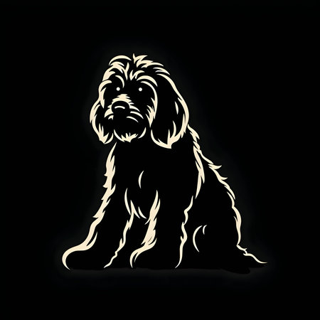 Vector illustration of a furry dog in black silhouette against a clean black background, capturing graceful forms.のイラスト素材