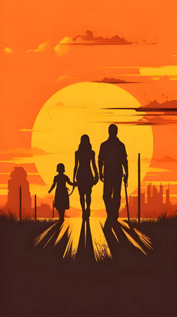 Vector illustration of a family in black silhouette against a clean sunset background, capturing graceful forms.のイラスト素材