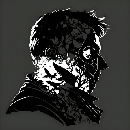Vector illustration of a man in a mask in black silhouette against a clean dark background, capturing graceful forms.のイラスト素材
