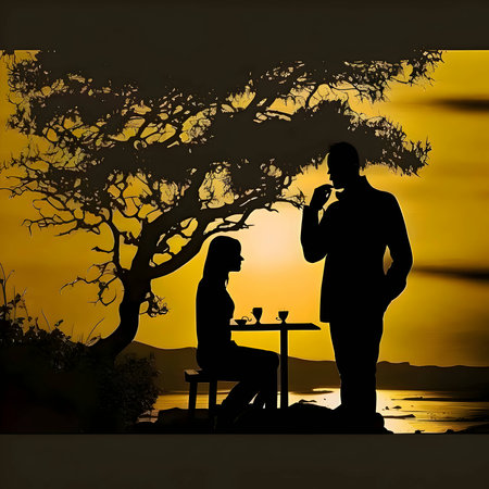Vector illustration of a seated woman at a table and a standing man in black silhouette against a sunset background, capturing graceful forms.のイラスト素材