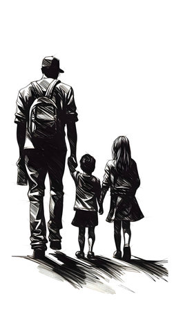 Vector illustration of a father with two children in black silhouette against a clean white background, capturing graceful forms.のイラスト素材