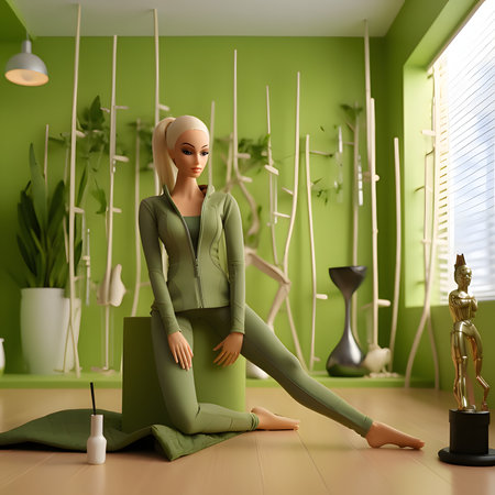 Blonde-haired Barbie gracefully practices yoga in a serene green room, finding balance and harmony.の素材