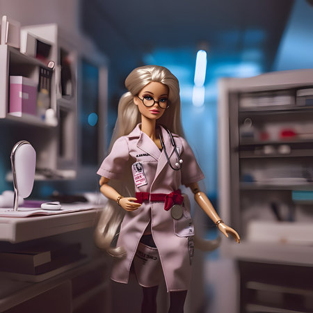 Long-haired Barbie confidently dons a doctor's outfit, taking charge of the bustling doctor's office with grace and skill.の素材