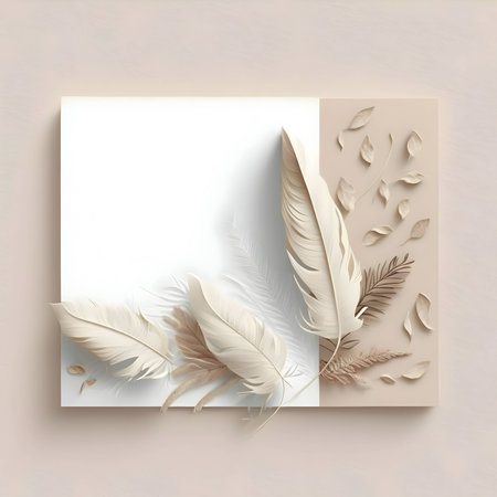 A white blank card adorned with decorative feathers placed on a light-colored background.の写真素材