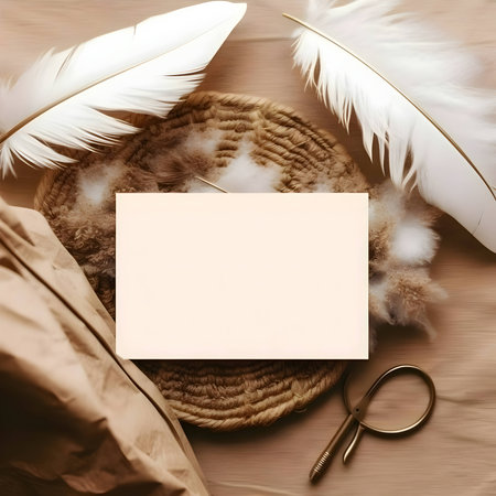 A white blank sheet of paper surrounded by white bird feathers and wicker ornaments.の写真素材