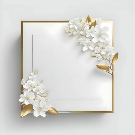 White empty card with exquisite golden borders, embellished with delicate white flowers, creating an elegant and charming design fit for any celebratory message or invitation.の写真素材