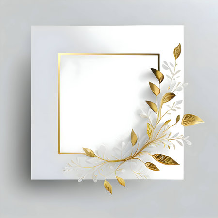White empty card with exquisite golden borders, embellished with delicate white flowers, creating an elegant and charming design fit for any celebratory message or invitation.の写真素材