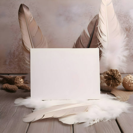 A white blank sheet of paper surrounded by fluffy white feathers.の写真素材
