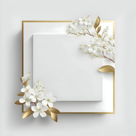 White empty card with exquisite golden borders, embellished with delicate white flowers, creating an elegant and charming design fit for any celebratory message or invitation.の写真素材