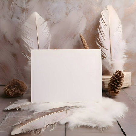 A white blank sheet of paper surrounded by fluffy white feathers.の写真素材