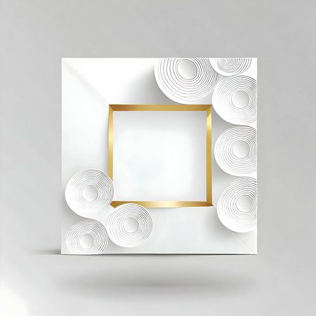 A beautiful white empty card adorned with intricate golden borders and delicate white circles around it, exuding an air of elegance and sophistication. Perfect for any special occasion.の写真素材