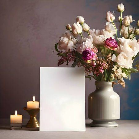 A serene white empty card featuring delicate flowers and flickering candles in the background, creating a peaceful and inviting atmosphere.の写真素材