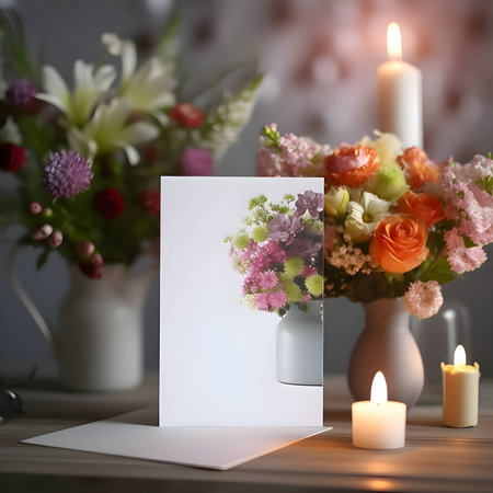 A serene white empty card featuring delicate flowers and flickering candles in the background, creating a peaceful and inviting atmosphere.の写真素材