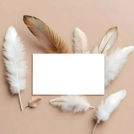 A pristine white empty card placed against a mesmerizing backdrop of scattered bird feathers, evoking a sense of lightness and delicacy, perfect for a special message or heartfelt note.の写真素材