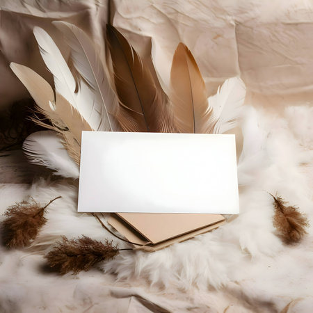 A white blank sheet of paper surrounded by fluffy white feathers.の写真素材