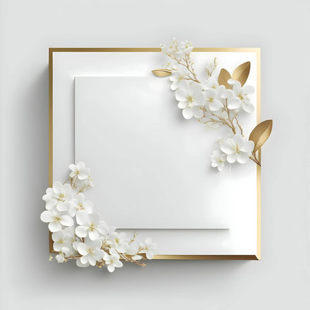 White empty card with exquisite golden borders, embellished with delicate white flowers, creating an elegant and charming design fit for any celebratory message or invitation.の写真素材