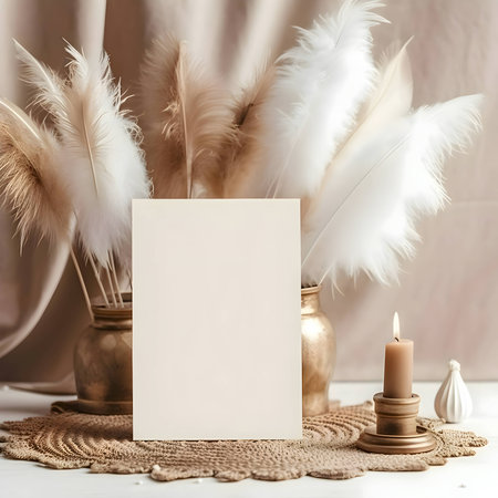 An elegantly arranged, white empty card adorned with feathers and a lit candle, creating a serene and enchanting atmosphere.の写真素材