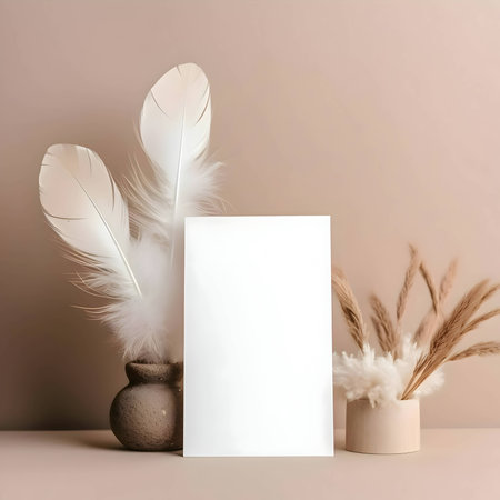 A pristine white empty card placed against a mesmerizing backdrop of scattered bird feathers, evoking a sense of lightness and delicacy, perfect for a special message or heartfelt note.の写真素材