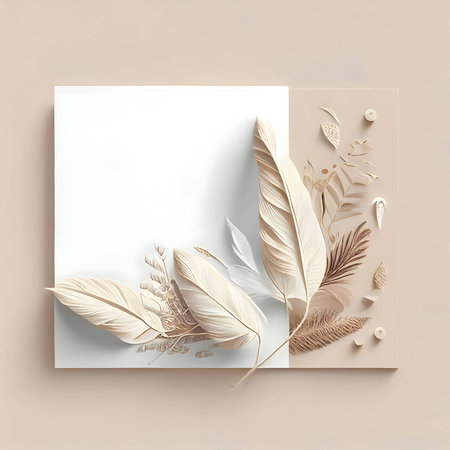 A white blank card adorned with decorative feathers placed on a light-colored background.の写真素材