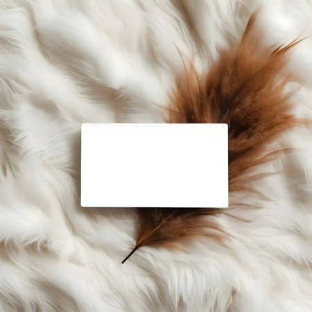 A minimalist white empty business card delicately placed on soft white fluff, accompanied by earthy brown feathers, exuding simplicity and elegance.の写真素材