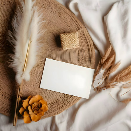 A pristine white blank sheet lies alongside a delicate feather, a spool of wool, and a vibrant yellow flower, all placed on a white background.の写真素材