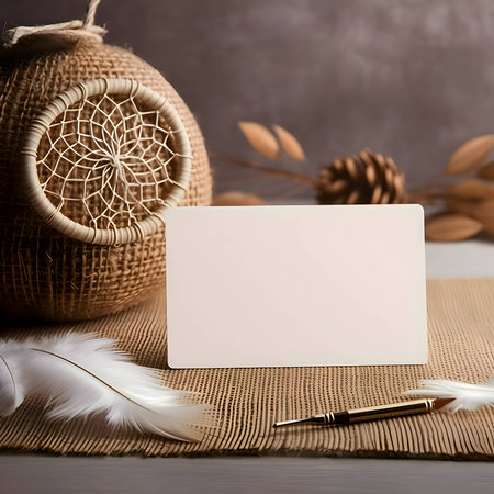 A white blank sheet of paper surrounded by bird feathers and wicker ornaments.の写真素材