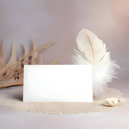A white blank sheet of paper surrounded by fluffy white feathers.の写真素材