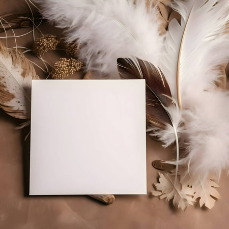 A white blank sheet of paper surrounded by fluffy white feathers.の写真素材