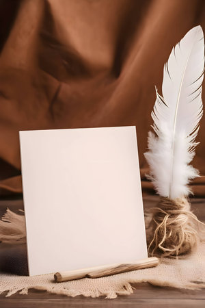 A white blank sheet of paper, a white feather, and a beautiful brown arrangement complement the elegant display.の写真素材